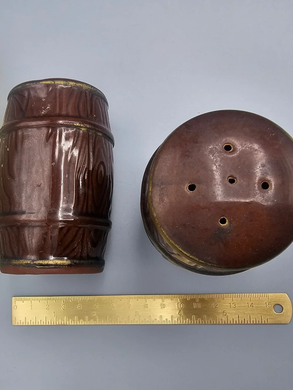 Vintage Ceramic Salt and Pepper Shakers Brown Barrel Design